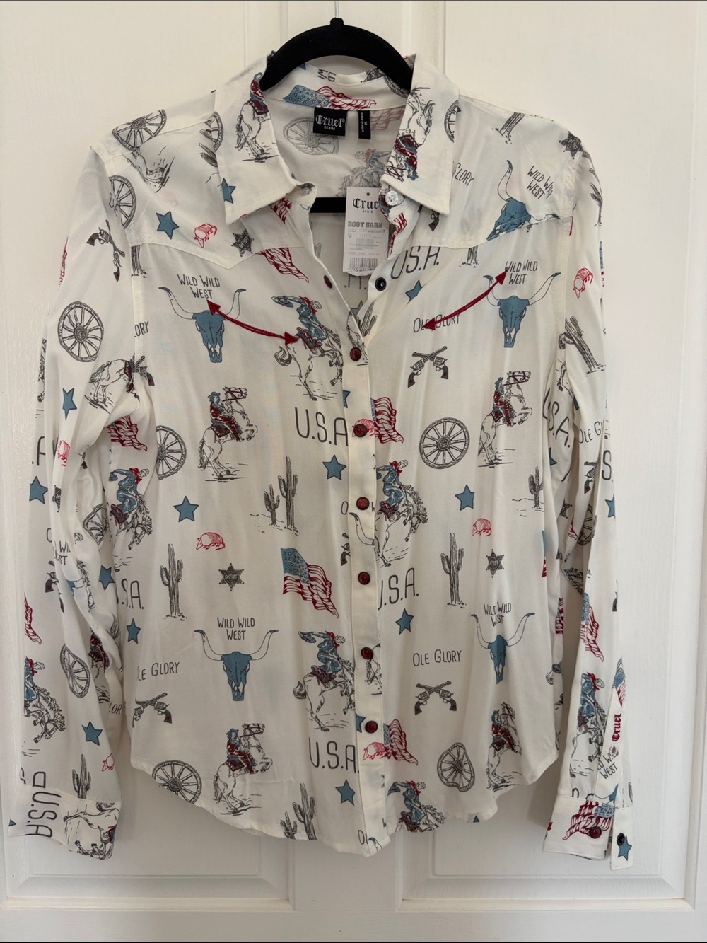 Truly Me White Button-Down Shirt with Blue and Red Western Print